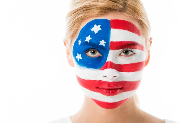 Hübsche Frau Mit Flagge Gesichtsfarbe Isoliert Auf Weiß — kostenloses Stockfoto