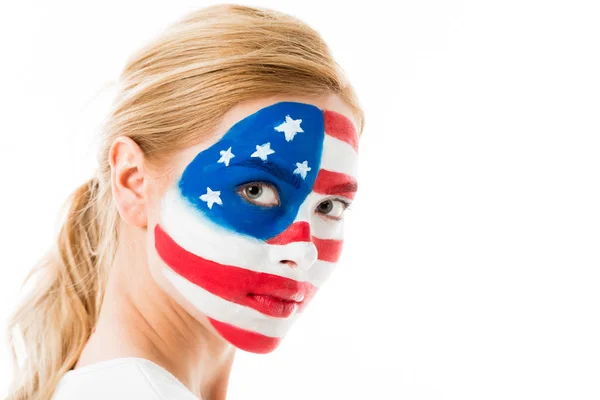 Chica Joven Con Bandera Americana Pintura Facial Aislada Blanco — Foto de Stock