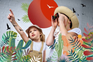 children in safari costumes and hats pointing and looking in binoculars at birds and cactuses clipart