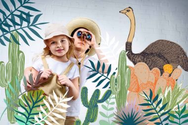 siblings in safari costumes hugging and looking in binoculars at cactuses and ostrich   clipart