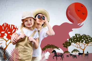 siblings in safari costumes hugging and looking in binoculars at zebra, elephants and antelopes clipart