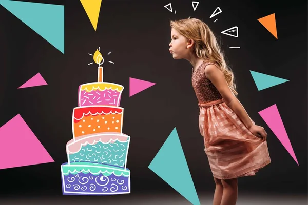 Bonito Niño Vestido Rosa Soplando Vela Dibujada Pastel Cumpleaños Aislado — Foto de Stock