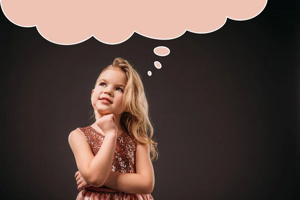 Schattig Doordachte Kind Roze Jurk Geïsoleerd Grijs Met Tekstballon — Stockfoto