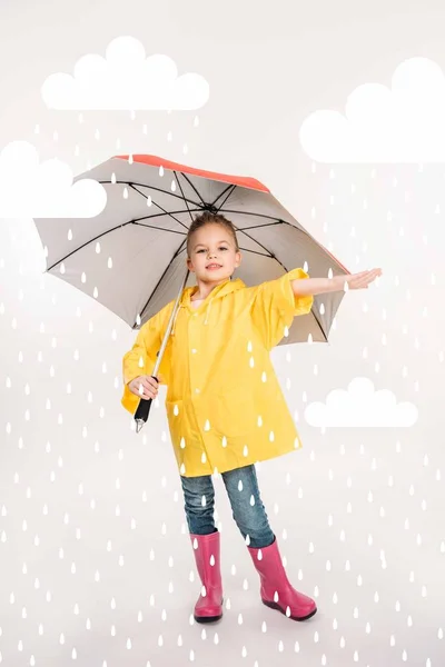 Vackra Barn Gummi Stövlar Gul Regnrock Med Paraply Regnigt Väder — Stockfoto