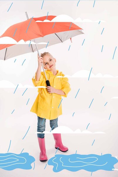 little child in yellow raincoat holding umbrella, rainy weather and puddles illustration