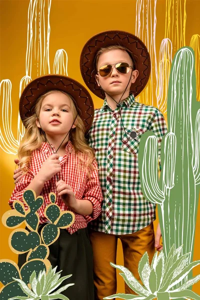 Little Stylish Tourists Posing Hats Yellow Cactuses Illustration — Stock Photo, Image