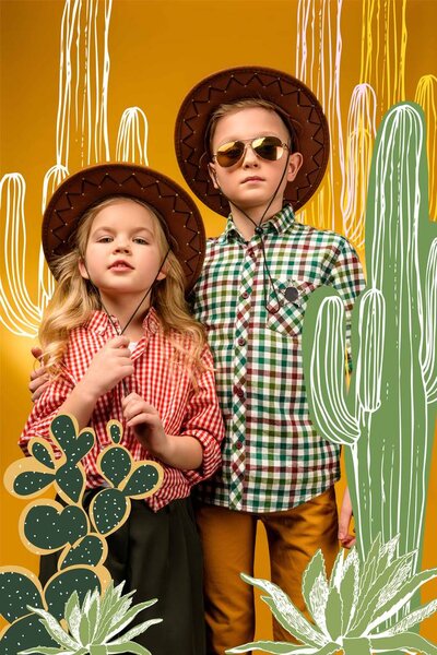 little stylish tourists posing in hats, on yellow with cactuses illustration