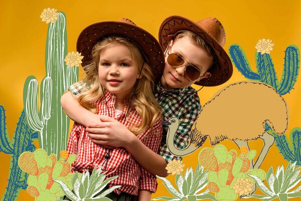 little stylish travelers in hats hugging, on yellow with cactuses and ostrich illustration