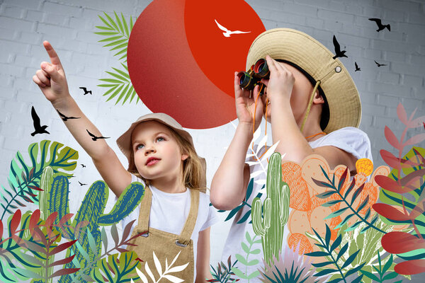 Children Safari Costumes Hats Pointing Looking Binoculars Birds Cactuses Stock Picture