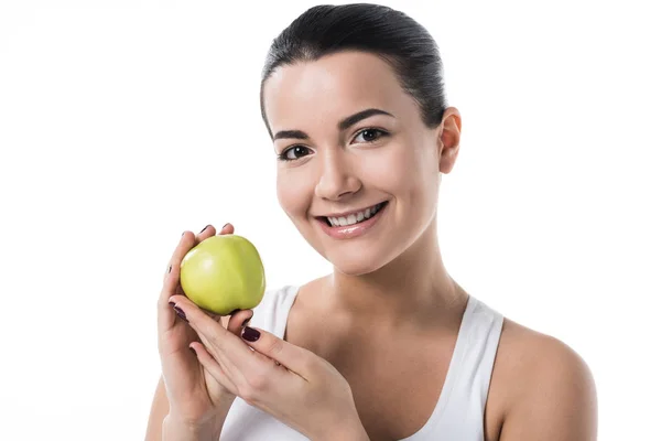 Sorridente Bella Ragazza Tenendo Mela Matura Isolata Bianco — Foto Stock