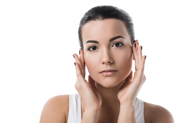 Beautiful Girl Touching Clean Skin Looking Camera Isolated White — Stock Photo, Image