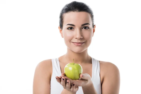 Beautiful Girl Holding Ripe Apple Looking Camera Isolated White — Stock Photo, Image