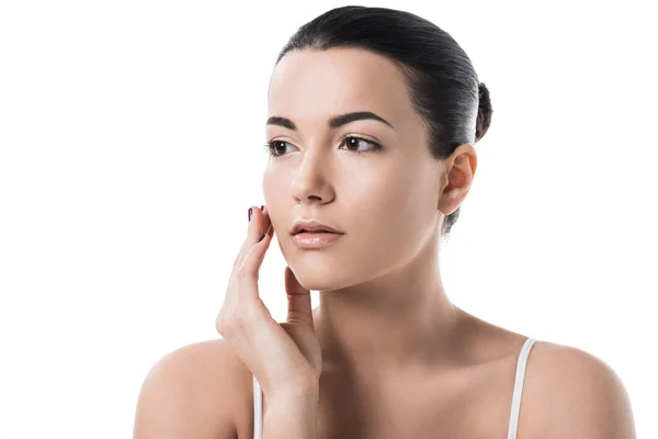 Beautiful Girl Touching Face Hand Looking Away Isolated White — Stock Photo, Image