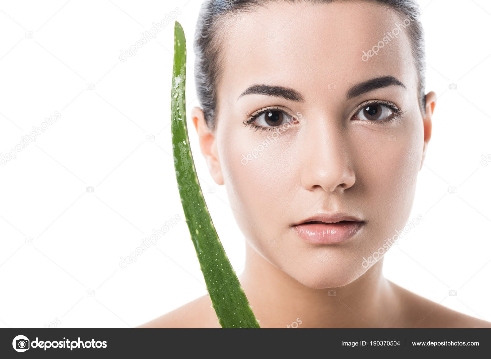 Schönes Mädchen Mit Aloe Vera Blatt Der Nähe Gesicht ...