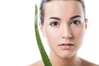 aloe vera yaprağı yakınındaki beyaz izole yüz tutan güzel kız
