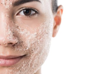 cropped image of beautiful girl with facial scrub looking at camera isolated on white clipart