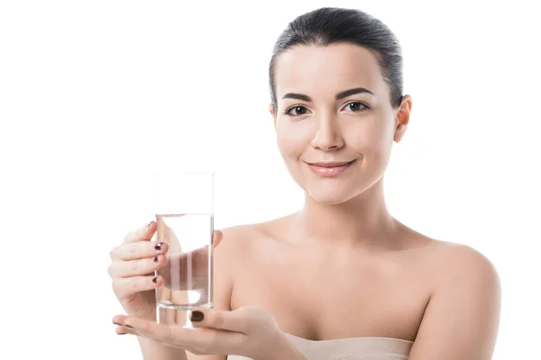 Menina Bonita Segurando Vidro Água Isolada Branco — Fotografia de Stock