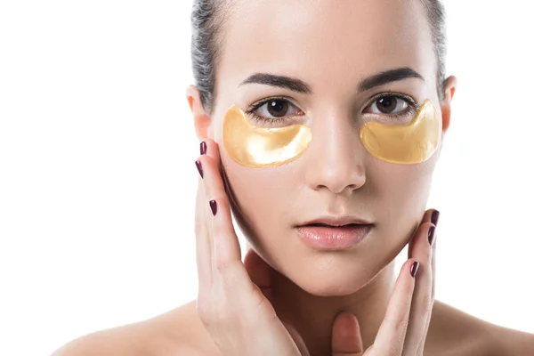 Beautiful Girl Moisturizing Eyes Patches Touching Face Hands Isolated White — Stock Photo, Image