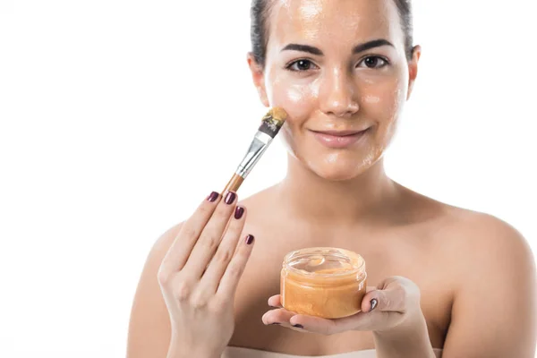 Smiling Beautiful Girl Applying Honey Mask Brush Isolated White — Stock Photo, Image