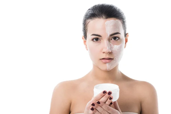 Menina Bonita Segurando Frasco Creme Olhando Para Câmera Isolada Branco — Fotografia de Stock