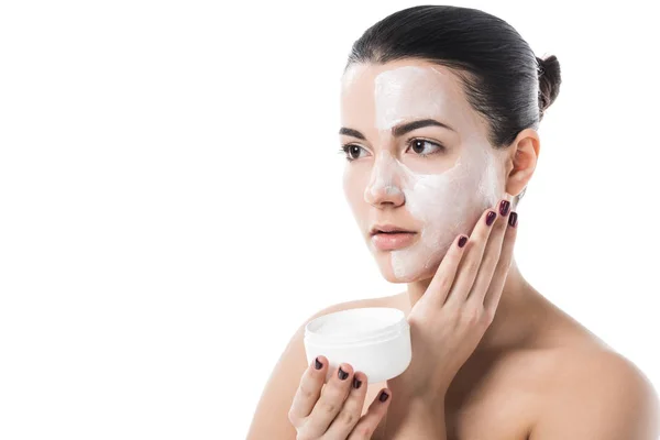 Beautiful Girl Applying Cream Face Isolated White — Stock Photo, Image