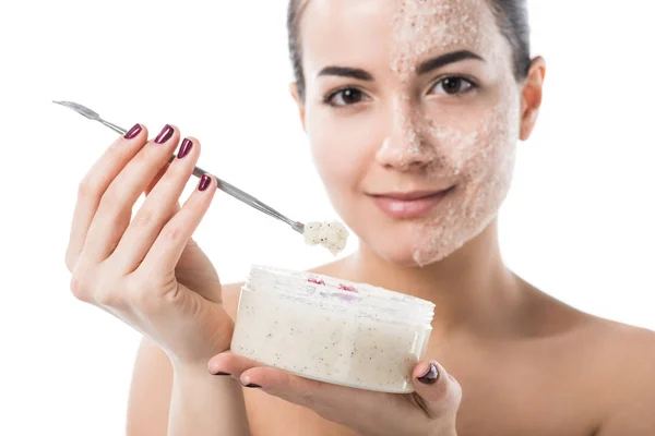 Beautiful Girl Taking Facial Scrub Jar Isolated White — Stock Photo, Image