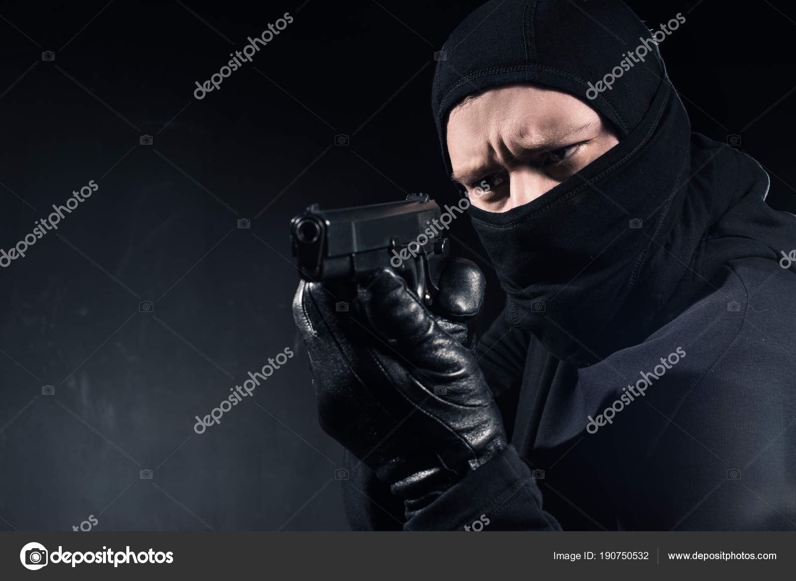 Robber Balaclava Gloves Aiming Gun Black Stock Photo