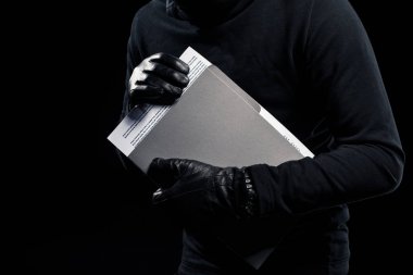 Close-up view of confident documents in hands of thief clipart