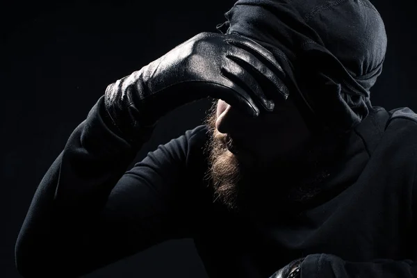 Robber Balaclava Leaning His Head Hand — Stock Photo, Image