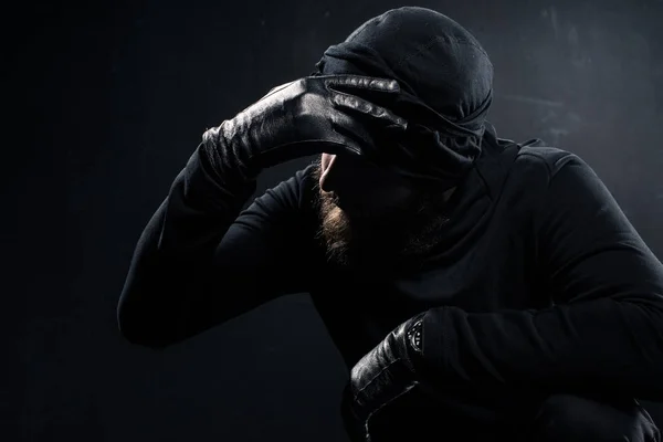 Burglar Balaclava Leaning His Head Hand — Stock Photo, Image