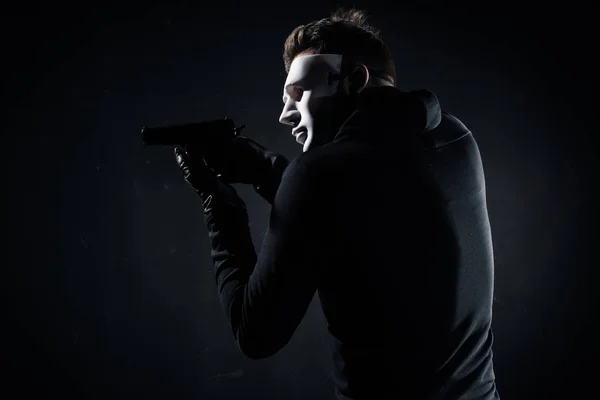 Robber Mask Gloves Aiming Gun Black — Stock Photo, Image