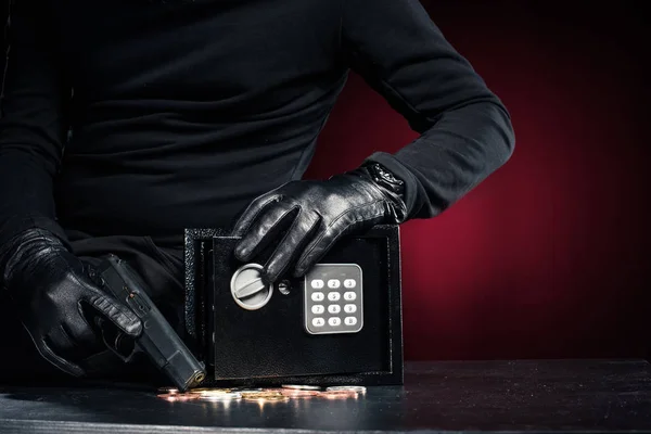 Close View Robber Gun Taking Bitcoin Safe — Stock Photo, Image