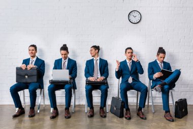 Collage with man in suit waiting for interview with different emotions clipart