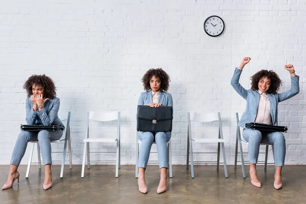 Collage Met Vrouw Wachten Voor Het Interview Vieren Van Succes — Stockfoto