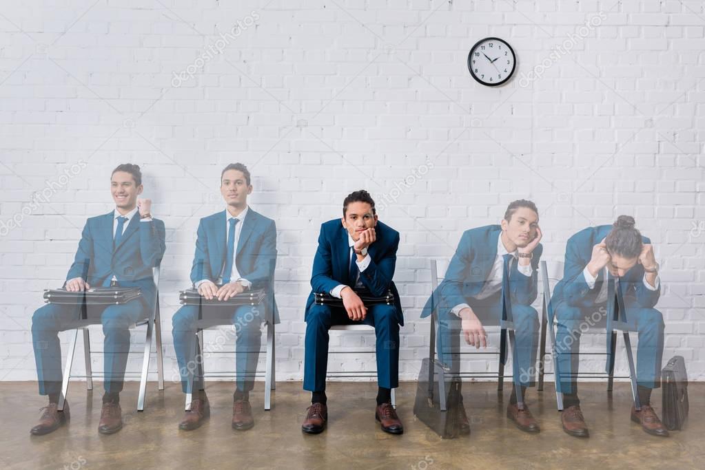 Collage with faded images of candidate waiting for interview with different emotions