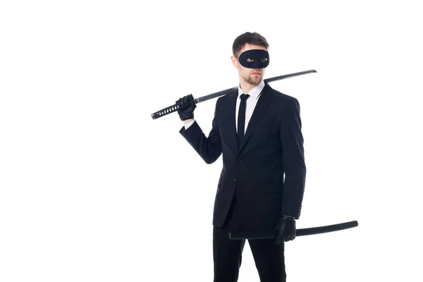 Spy Agent Mask Gloves Katana Looking Away Isolated White — Stock Photo, Image