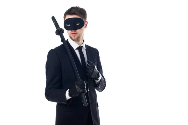 Spy Agent Mask Gloves Katana Looking Away Isolated White — Stock Photo, Image