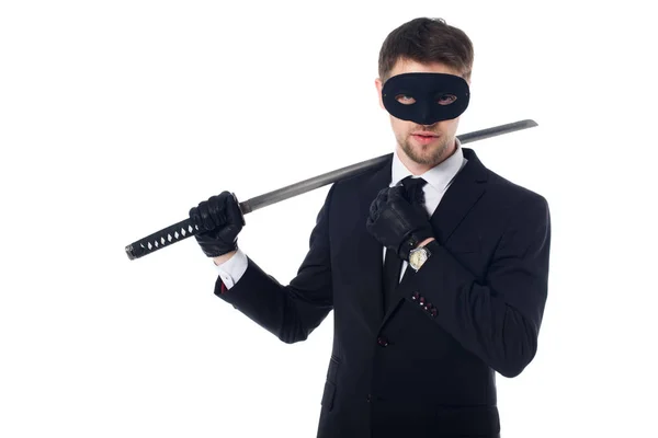 Portrait Spy Agent Mask Gloves Katana Isolated White — Free Stock Photo