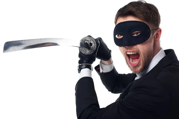 Porträtt Känslomässiga Spion Agent Mask Och Handskar Med Katana Isolerad — Stockfoto