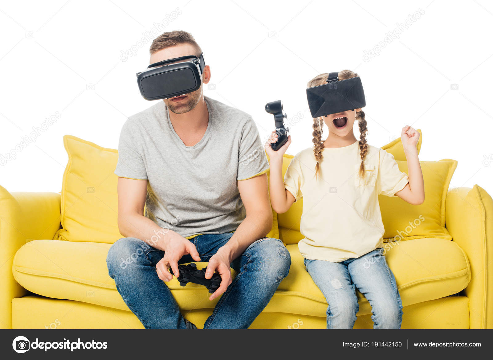 Family Virtual Reality Headsets Joysticks Playing Video Games Isolated