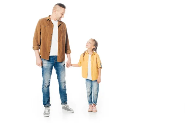 Padre Figlioletta Che Guardano Tengono Mani Isolate Sul Bianco — Foto Stock