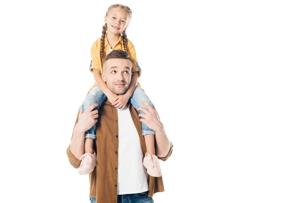 Portrait Father Smiling Daughter Piggybacking Together Isolated White — Stock Photo, Image