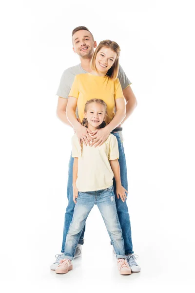 Genitori Sorridenti Figlioletta Che Abbracciano Guardano Macchina Fotografica Isolata Bianco — Foto Stock