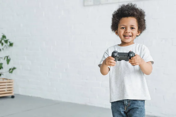Smiling Adorable African American Boy Standing Joystick Home — Stock Photo, Image