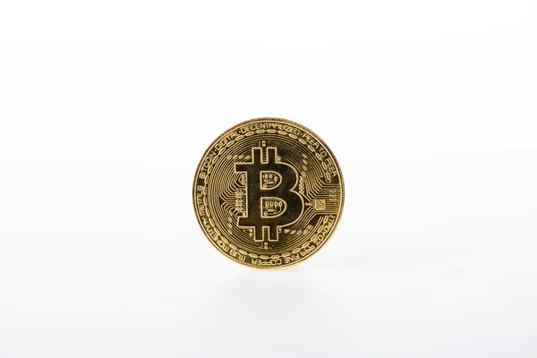 Vista Close Bitcoin Único Brilhante Isolado Branco — Fotografia de Stock