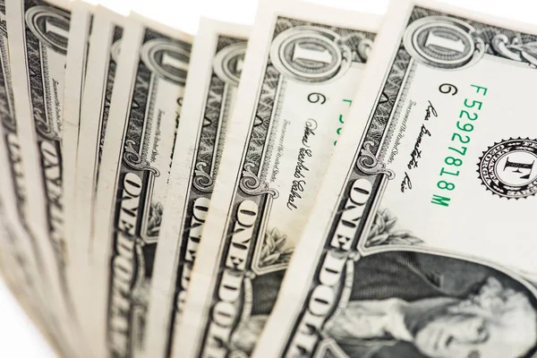 Nahaufnahme Von Ein Dollar Banknoten Auf Weißem Selektivem Fokus — Stockfoto