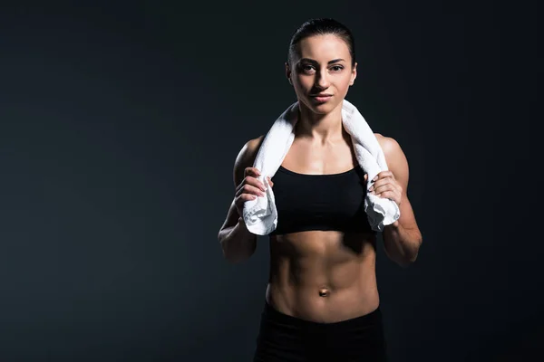 Attractive Bodybuilder Posing Towel Training Isolated Grey — Stock Photo, Image