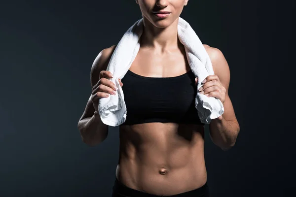 Cropped View Muscular Sportswoman Towel Training Isolated Grey — Stock Photo, Image