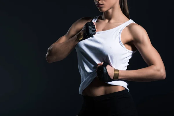 Cropped View Muscular Sportswoman Showing Abs Isolated Black — Free Stock Photo