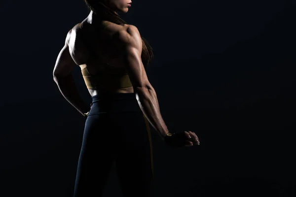 Female Bodybuilder Posing Showing Muscles Isolated Black — Stock Photo, Image